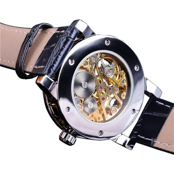Retro Manual Mechanical Skeleton Watch with Diamond and Carving Flower Craft Men - Picture 4 of 6